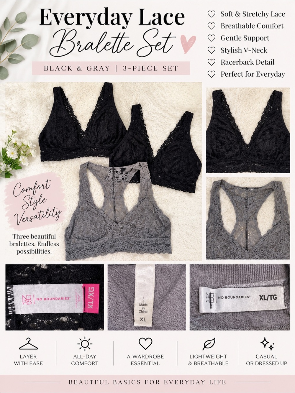 Everyday Lace Bralette Set - Black & Gray